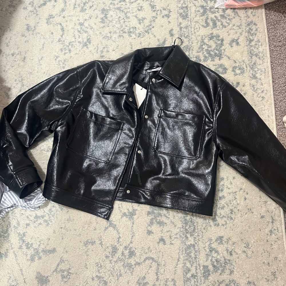 Zara Shiny Black Leather Jacket